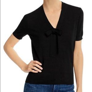 THEORY Black Silk Stretch Lightweight Blouse Short Sleeve Tie V Neck Sz Medium